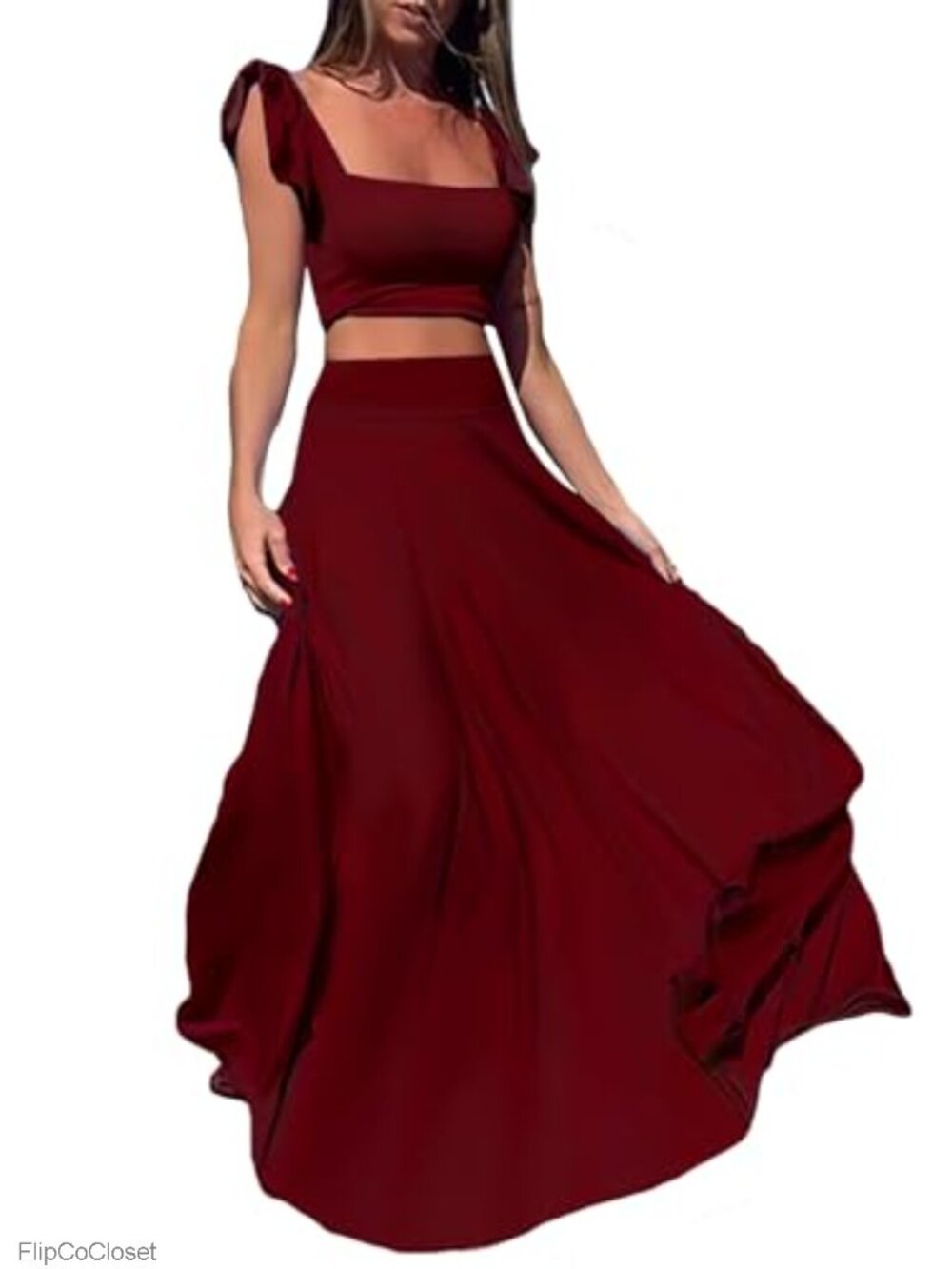 Women's 2 Piece Skirt Sets Summer Ruffle Tank Top Maxi Skirt Outfit